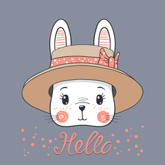 Wall Mural - Cute rabbit baby girl with hat. Funny bunny face. Vector illustration for children print design, kids t-shirt, baby wear