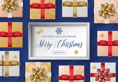 Christmas Sale Banner Design With Gift Boxes Top View Background