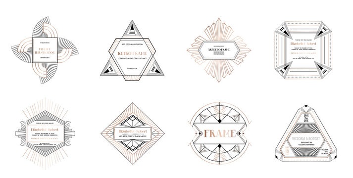 Set of Art deco borders and frames. Geometric template in 1920s Gatsby style for your wedding card, save the date design, cover, banner decoration. Vector illustration EPS 10