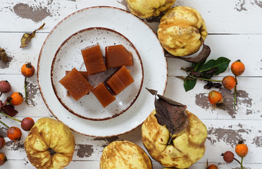 Wall Mural - Quince cheese or marmelada is a sweet, thick jelly made of the pulp of the quince fruit. dulce de membrillo in Spain 