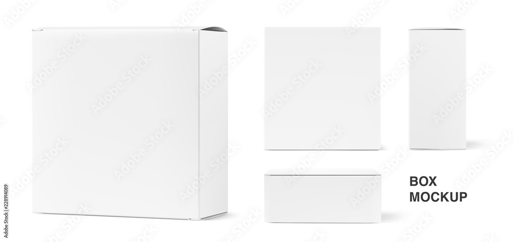 Universal mockup of blank cardboard box. Vector illustration isolated on white background, ready and simple to use for your design. Three projection boxes for your presentation. EPS10.  - obrazy, fototapety, plakaty 
