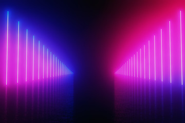 Wall Mural - futuristic sci-fi abstract blue and purple neon light shapes on black background with empty space fo