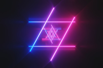 Wall Mural - futuristic sci-fi abstract blue and purple neon light shapes on black background with empty space fo