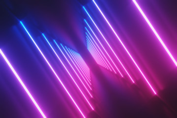 Wall Mural - futuristic sci-fi abstract blue and purple neon light shapes on black background with empty space fo