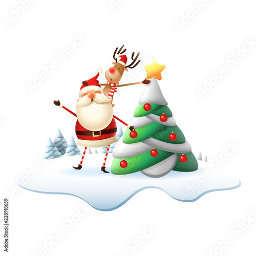 Reinder On Santa Claus Back Put The Star On Christmas Tree