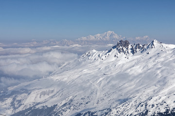 Wall Mural - Val Thorens, France - February 27, 2018: Mont blanc viewed from Val Thorens resort