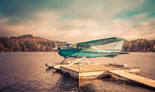 Seaplane Docked At The Shore In Long Lake, NY, Awaiting Leaf-peepers And Adventure Seekers, Retro Split Tone