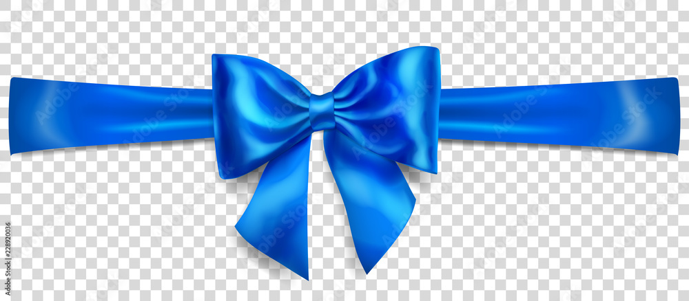 Beautiful blue bow with horizontal ribbon with shadow on transparent background - obrazy, fototapety, plakaty 
