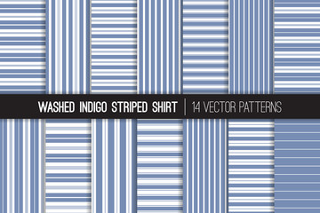 Wall Mural - Washed Indigo Striped Shirt Seamless Vector Patterns. Faded Denim Blue and White Stripes Textile Prints. Trendy Fashion. Variable Thickness Lines. Pattern Tile Swatches Included.