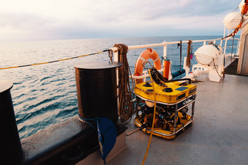 Remote operated vehicle mini ROV on deck of offshore vessel, Diving support operations