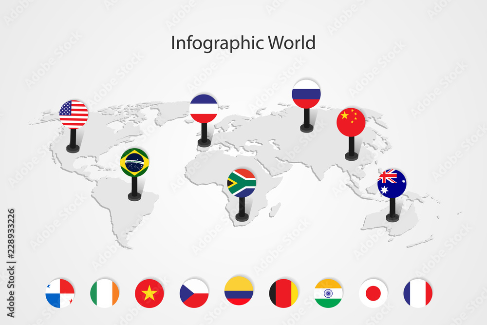 Country Info infographic country world map, international world flags, continents ...