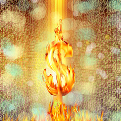 Wall Mural - conceptual image of burning dollar sign and fire flames over binary code of one and zero