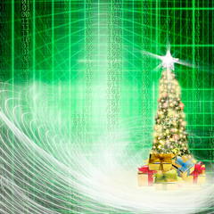Wall Mural - Conceptual close up decorated shiny Christmas tree in abstract structural lights and binary code of one and zero