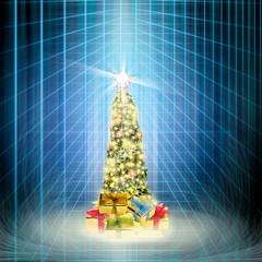 Wall Mural - Conceptual close up decorated shiny Christmas tree in abstract structural lights