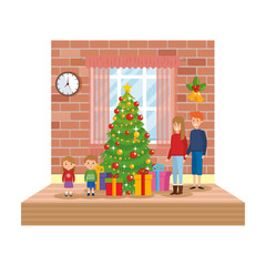 Sticker - parents with kids in livingroom with christmas decoration