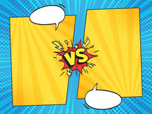Versus Comic Frame. Vs Comics Book Frames With Cartoon Text Speech Bubbles On Halftone Stripes Background Vector Template
