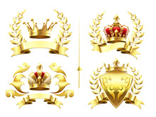 Realistic Heraldic Emblems. Insignia With Golden Crown, Gold Crowning Medal And Emblem With Royal Crowns On Shields 3d Vector Set
