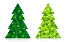 Set Of Abstract Coniferous Trees Consisting Of Triangles With Reflection. Two Shades Of Green. Vector EPS 10