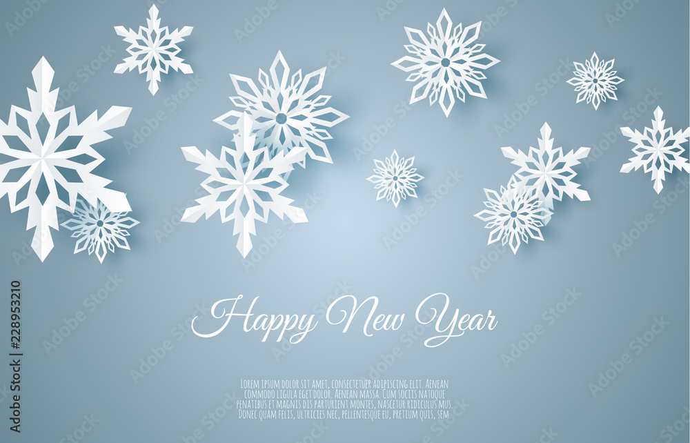Christmas card with paper snow flake. Falling snowflakes on a dark blue ...