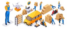 Isometric Set Of 8 Service Delivery Icons, Couriers Carry Orders, Ride On Official Vehicles, Scooter, Car, Drone Quadrocopter, Fast Delivery