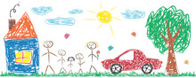 Children Drawing Cheerful Family, House, Tree, Car, Sun. Colorful Isolated Vector Illustration