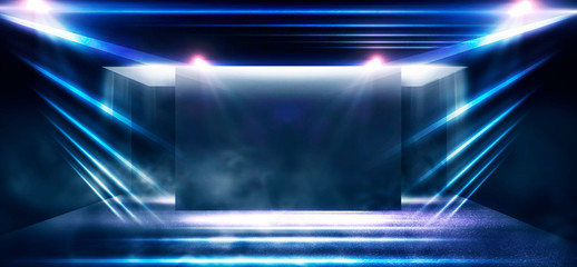 Wall Mural - Background of an empty corridor with brick walls in blue and neon light. Brick walls, neon rays and glow, smoke. Blue abstract background.