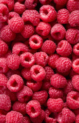 Wall Mural - top view of heap of ripe raspberry as textured background