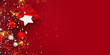 Christmas and New Year holiday background. Xmas greeting card. Christmas gifts on red background top view.