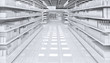 Interior of a supermarket with shelves with blank goods. 3d image.