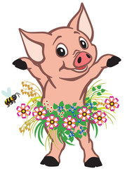 Cartoon little pig wearing skirt of flowers .Cute piglet girl .Isolated vector illustration for baby and little kid