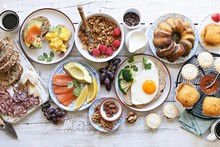 Brunch. Family Breakfast Or Brunch Set Served On Rustic Wooden Table. Overhead View, Copy Space