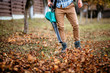 professional worker, man using leaf blower for autumn cleaning