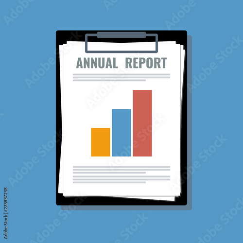 Fotografía annual report papers sheet in holder, flat vector illustration
