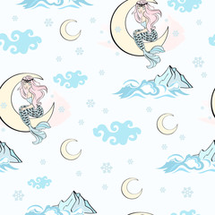  Wedding Birthday Holiday Party Merry Christmas New Year Seamless Pattern MOON MERMAID PATTERN Color Vector Illustration