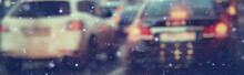 Blurred Background Autumn Auto Rain On The Road / Night Lights And Raindrops In The Autumn Traffic Jam On The Road, Urban Style Traffic