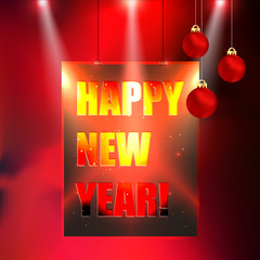 Wall Mural - Happy New Year celebration poster background, party flyer template vector illustration. Happy New Year lettering promotional banner with lights and reflectors