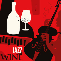 Music and wine background flat vector illustration. Party flyer, jazz music club, wine tasting event, wine festival and celebrations poster design for brochure, invitation card, menu, promotion banner