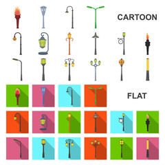 Lamp post cartoon icons in set collection for design. Lantern and lighting vector symbol stock web illustration.