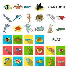 Wall Mural - A variety of marine animals cartoon icons in set collection for design. Fish and shellfish vector symbol stock web illustration.