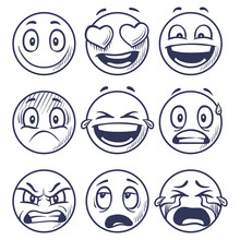 Sketch Smiles. Doodle Smiley In Different Emotions. Hand Drawn Smiling Faces, Emoticons Vector Set. Face Doodle Emotion, Smiley Emoji Sketch