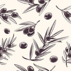 Poster - Olive branches seamless pattern. Mediterranean olives branching texture. Botanical italian food vector repeating dressing wrapper. Illustration of olive mediterranean branch plant seamless pattern