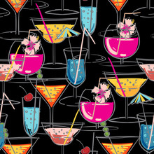 Hand Drawn Summer Cocktail Seamless  Pattern With Hibiscus Flowers.  Vector Illustration For Fashion Fabric And All Print