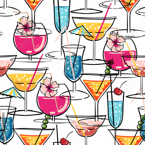 hand-drawn-summer-cocktail-seamless-pattern-with-hibiscus-flowers-vector-illustration-for-fashion-fabric-and-all-print