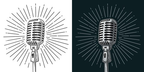 microphone with ray. vintage vector black engraving illustration