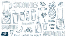 Smoothie Doodles Set. Healthy Lifestyle. Organic. Glasses And Mugs. Blender. Fruits Or Vegetables Smoothie. Vitamins And Protein Drink. Diet. Detox. Shake. Sketches Collection.