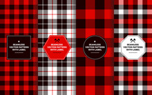 Lumberjack Seamless Patterns With Label Frames. Red Black White Buffalo Check & Tartan Plaid. Trendy Hipster Textures & Badges. Copy Space For Text. Design Templates For Packaging, Covers, Gift Wrap