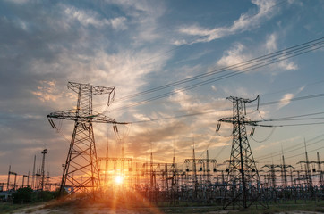 Wall Mural - distribution electric substation with power lines and transformers