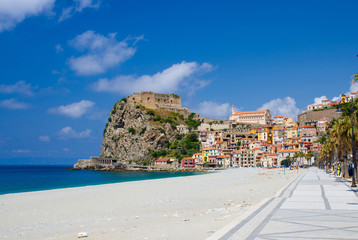 Wall Mural - Beautiful town Scilla with medieval castle on rock, Calabria, Italy