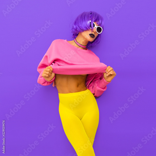Fashion Girl With Purple Hair And Bright Stylish Trends Outfit