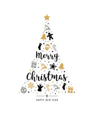 Wall Mural - christmas tree gold black icon elements lettering white background